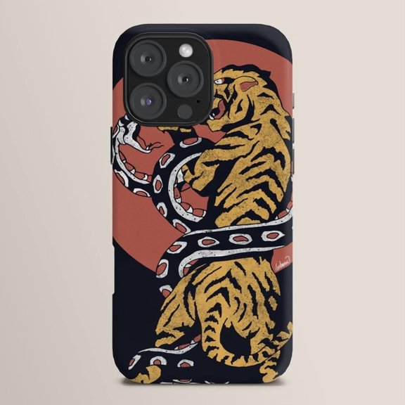 Golden Tiger and Coiling Snake Tough Phone Case for Apple iPhone, Polycarbonate and TPU, Rust Red and Black