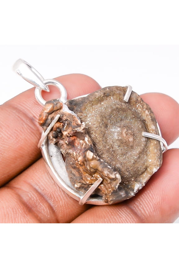 Golden Titanium Desert Drusy 925 Sterling Silver Pendant 1.75" T50, Drusy Quartz Pendant, Christmas Gift, New Year Sale, Gemstone Silver Jewelry