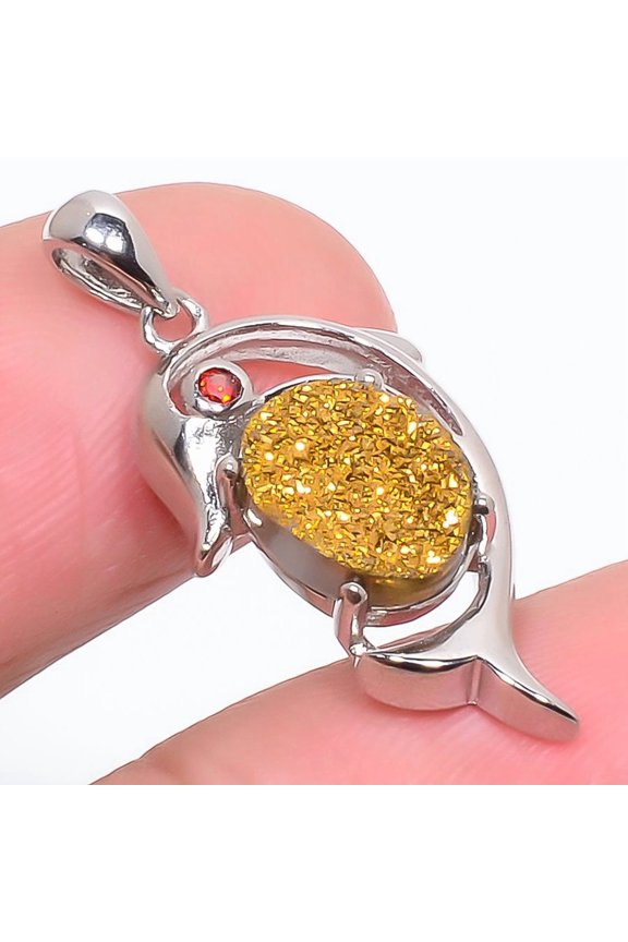 Golden Titanium Drusy & Garnet Sterling Silver Dolphin Pendant 1.18" S1064, Drusy Quartz Pendant, Christmas Gift, New Year Sale, Gemstone Silver Jewel