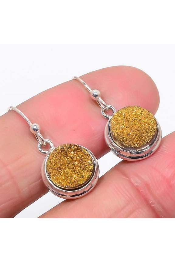 Golden Titanium Drusy Solid 925 Sterling Silver Earring 1.00" SE1401-52