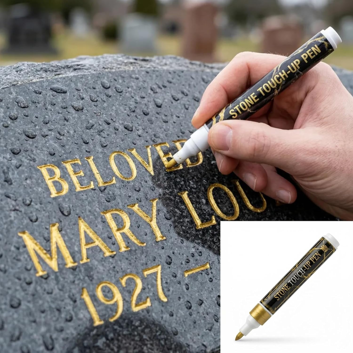 Golden Tombstone Marker Pen for Restoring Faded Grave Inscriptions, Waterproof Fast-Drying Oil-Based Stone Touch Up Pen, Permanent Paint Markers for Granite Headstones Grave Marker Mug (Gold)