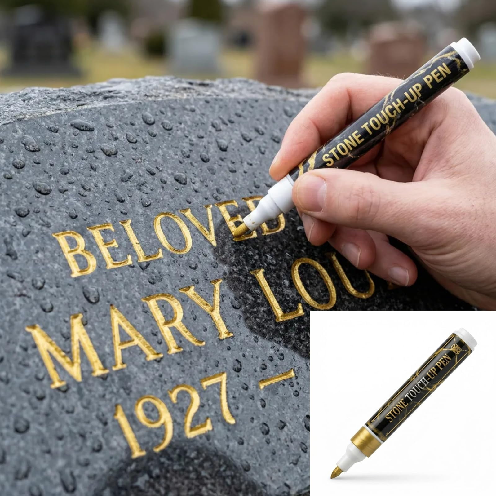Golden Tombstone Marker Pen for Restoring Faded Grave Inscriptions, Waterproof Fast-Drying Oil-Based Stone Touch Up Pen, Permanent Paint Markers for Granite Headstones