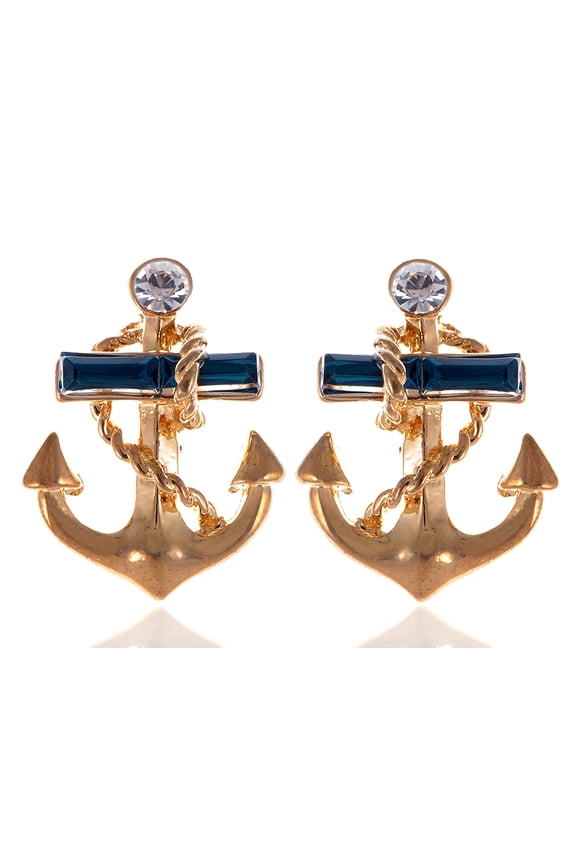 Golden Tone Blue Crystal Rhinestone Nautical Anchor Stud Earrings