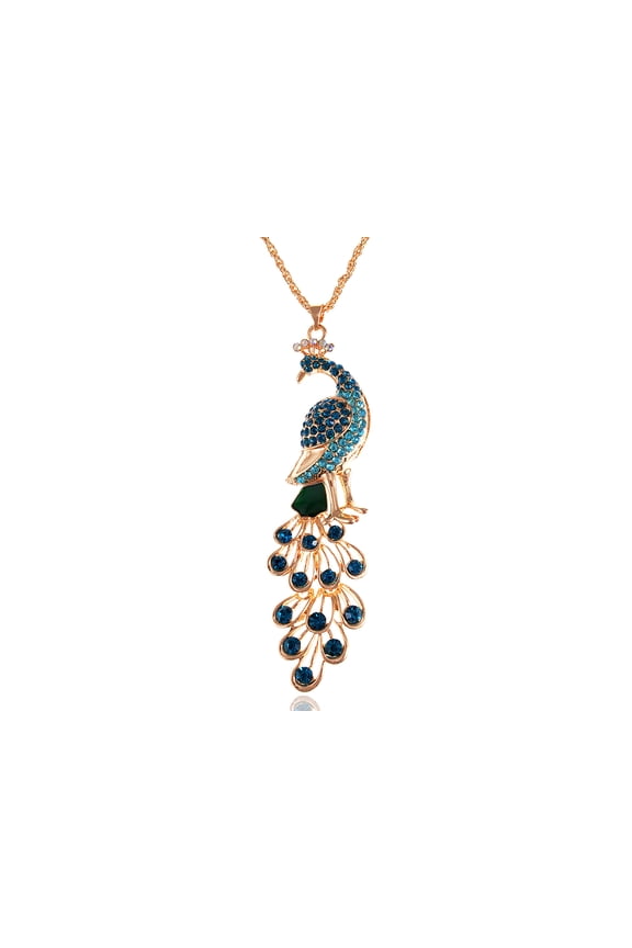 Golden Tone Blue Green Colored Rhinestone Peacock Bird Pendant Chain Necklace