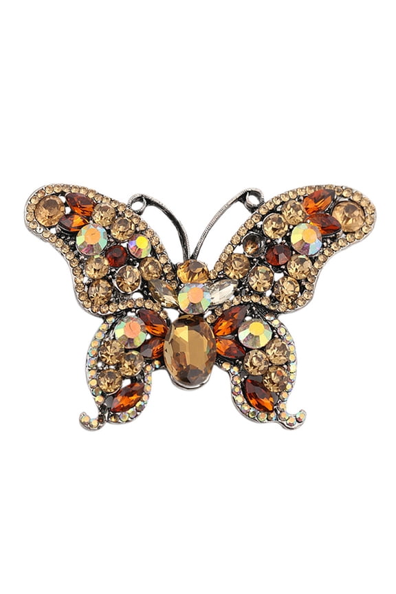 Golden Tone Brown Smoked Topaz Crystal Rhinestone 3.54" Butterfly Insect Pendant Brooch Pin