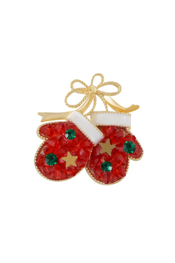 Golden Tone Christmas Brooch Pins Sparkly Rhinestones Enamel Lapel Pin for Women, Glove Red