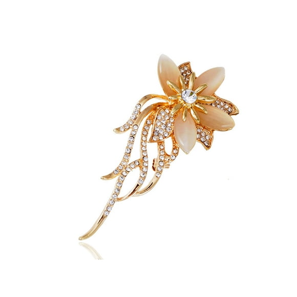 Golden Tone Clear Crystal Rhinetone Peach Petal Trailing Floral Pin Brooch