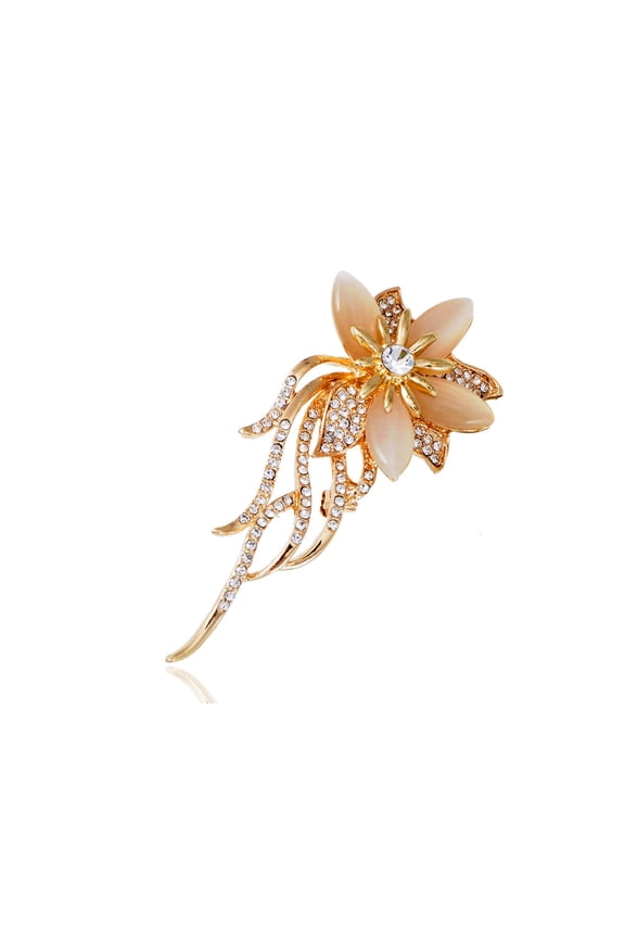 Golden Tone Clear Crystal Rhinetone Peach Petal Trailing Floral Pin Brooch