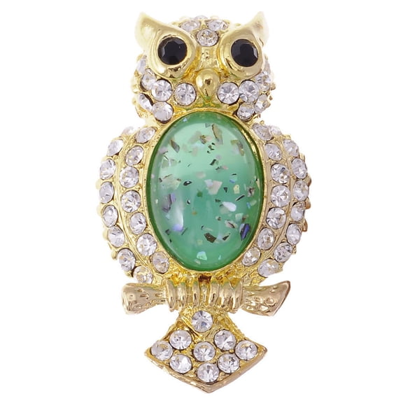 Golden Tone Clear Rhinestones Green Stone Owl Bird Branch Brooch Pin