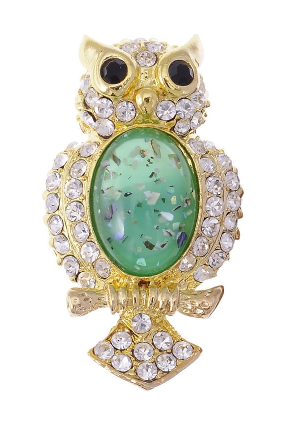 Golden Tone Clear Rhinestones Green Stone Owl Bird Branch Brooch Pin