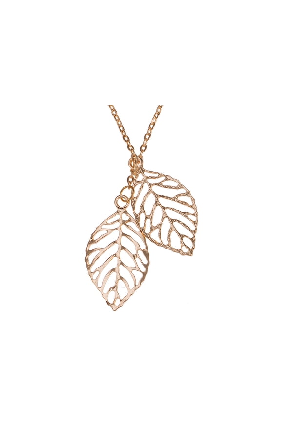 Golden Tone Double Two Leaf Filigree Pendant Chain Necklace