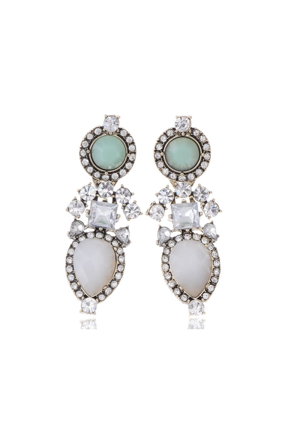 Golden Tone Fancy Turquoise Face Opal Body Clear Crystal Rhinestone People Earrings