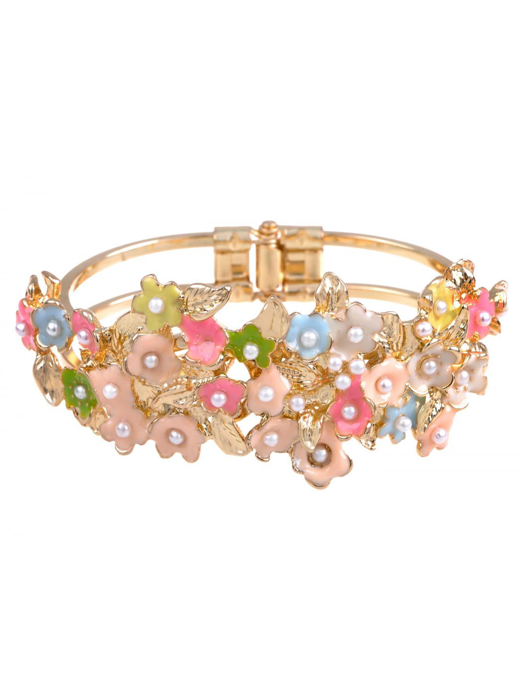 Golden Tone Faux Pearl Detailed Enamel Paint Cluster of Flowers Bangle ...