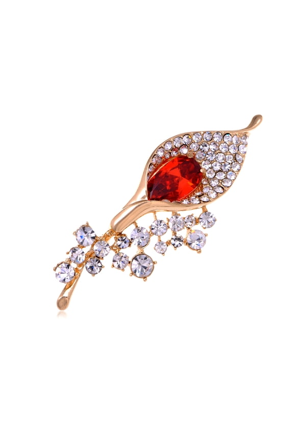 Golden Tone Large Ruby Clear Crystal Rhinestones Flower Lily Brooch Pin