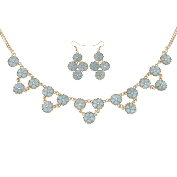 Golden Tone Light Blue Dainty Daisy Flowers Fashion Collar Necklace Earring Set