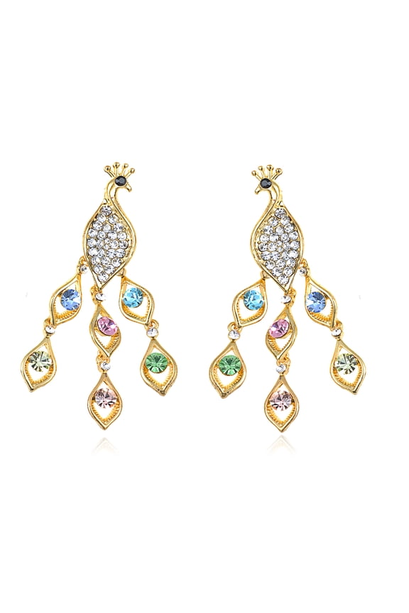 Golden Tone Multicolored Crystal Rhinestone Peacock Feather Dangling Drop Unique Earrings