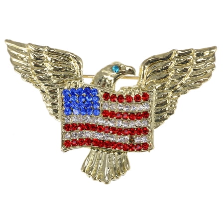 Golden Tone Patriotic American Eagle Rhinestone USA Flag Brooch Pin