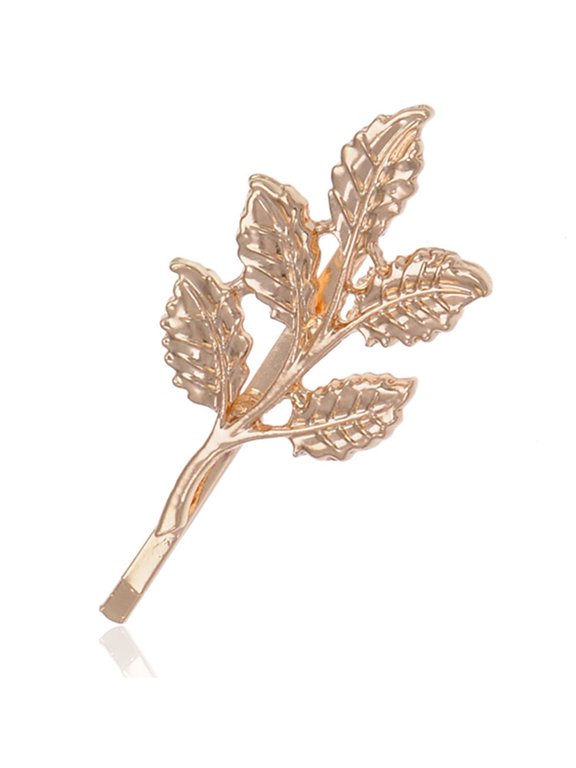 Golden Tone Petit Realistic Simple Lucky Five Leaf Stem Autumn Hair Clip Pin