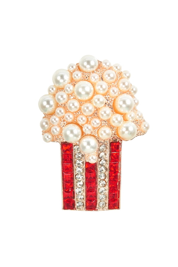 Popcorn Brooch Golden Tone, Red and Clear, Crystal, Rhinestones, Faux Pearl Pins & Brooches