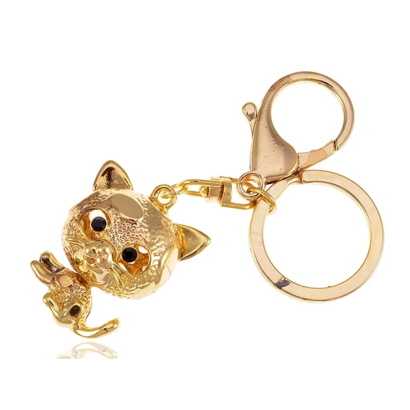 Golden Tone Rhinestone Big Head Good Luck Kitten Cat Key Chain