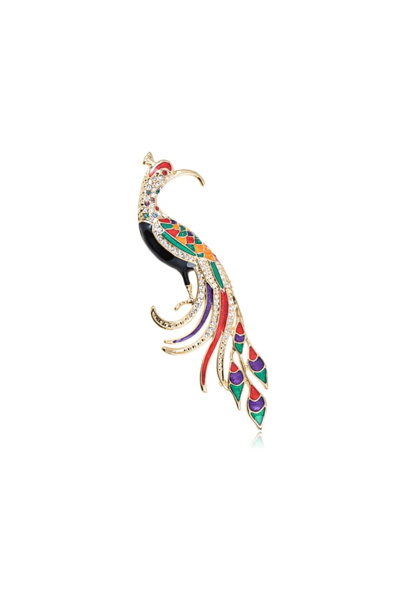 Golden Tone Shine Clear Crystal Rhinestones Colorful Enamel Phoenix Peacock Bird Brooch Pin