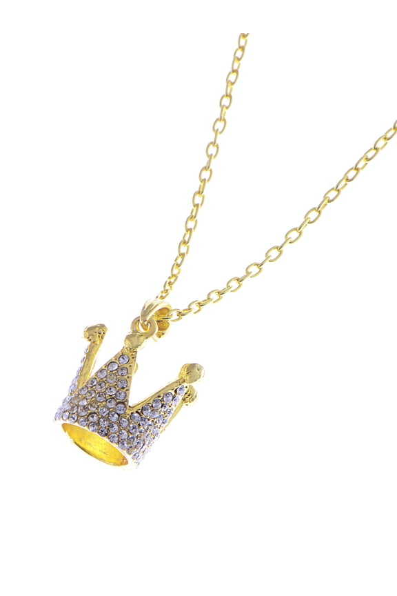 Golden Tone Shine Clear Rhinestones Queen King Crown Pendant Necklace