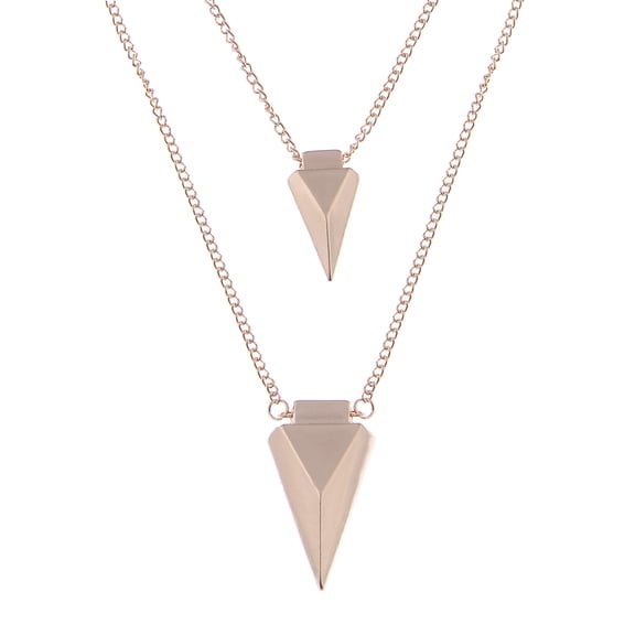 Golden Tone Simple Pyramid Shaped Two Layer Pendant Necklace