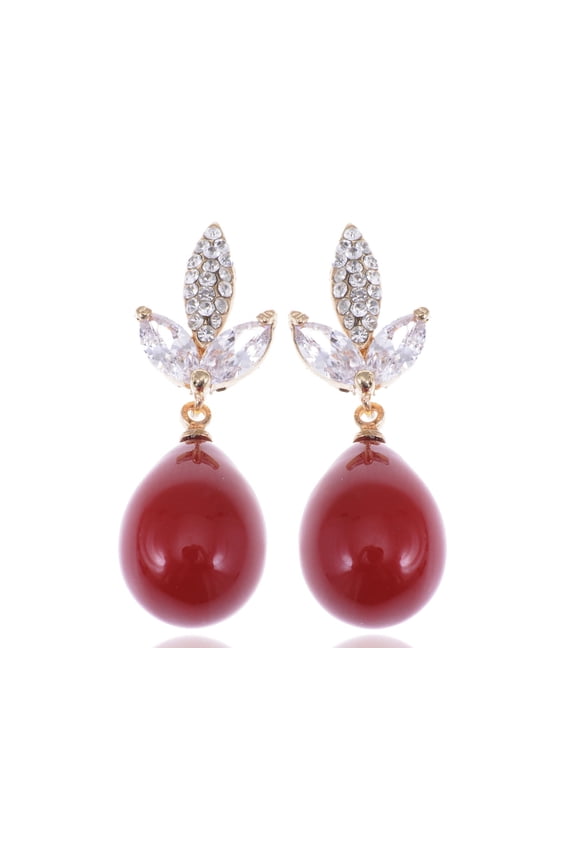 Golden Tone Small Clear Rhinestone Red Ruby Ball Drop Fashion Earrings