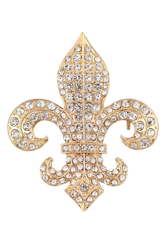 Golden Tone Sparkly Clear Crystal Rhinestones Royal Fleur De Lis Lily Brooch Pin