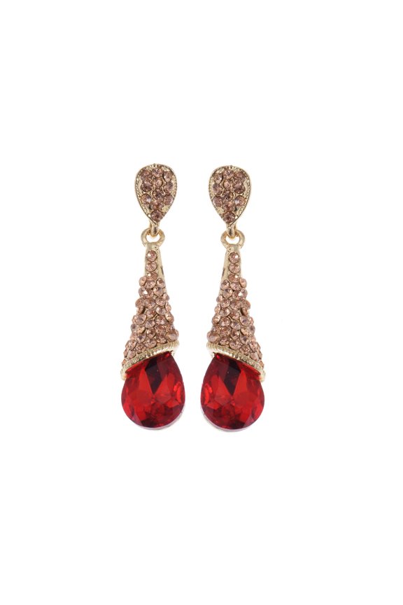 Golden Tone Sparkly Topaz Red Crystal Rhinestones Bridal Dangle Earrings