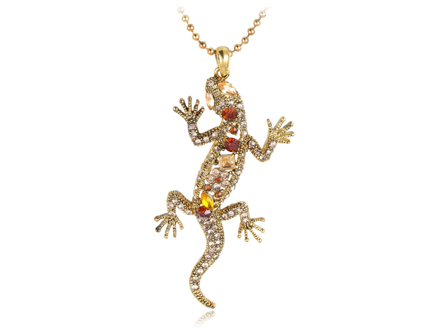 [SET] 18K Gold Plated Gecko Lizard クリスタルCZ ヤモリ トカゲ デザイン ゴールド ペンダントネックレス & ピアス & 14号指輪 セット