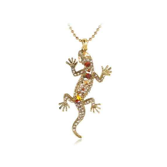 Golden Tone Topaz Crystal Rhinestone Lizard Salamander Reptile Pendant Necklace