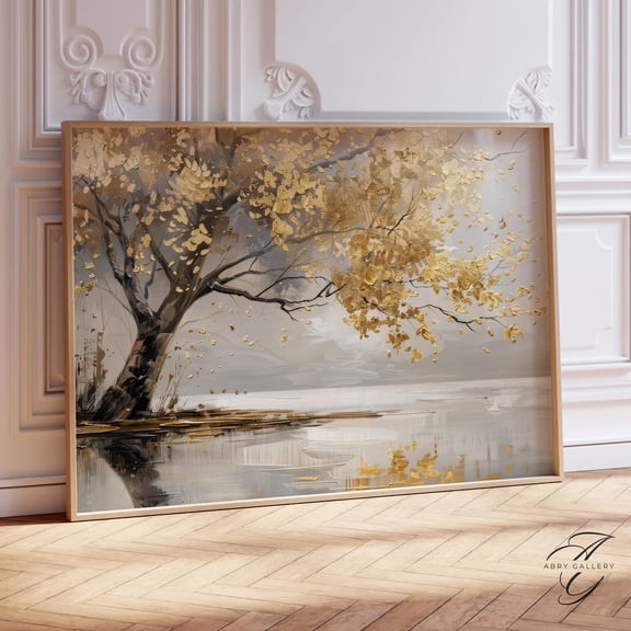 Golden Tree Abstract Art Poster: Textured Metallic Gold Leaf, Unframed Canvas Size 8x12