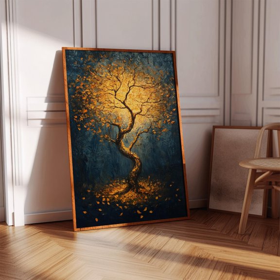 Golden Tree Art Glowing Fall Tree Poster Illuminated Autumn Forest Print Serene Nature Wall Decor Mystical Tree Art