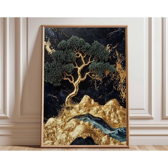 Golden Tree Black Gold Landscape Wall Art Print, Unframed Paper Poster 24x36in
