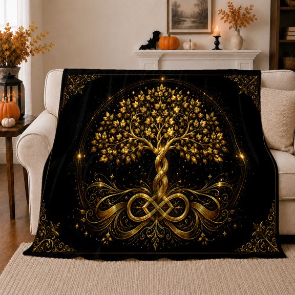 Golden Tree With Braided Trunk And Infinity Roots, Soft Flannel Blanket with Ornamental Fantasy Illustration Print, Housewarming Gift and Home Decor for Bedroom and Living Room