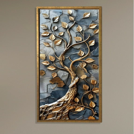 Golden Tree of Life Art, Textured Abstract Wall Decor in Gold and Gray, Modern Vertical for Living Room Poster Decor, Size 12x18 UNFFRAMED F03.1.8l1477