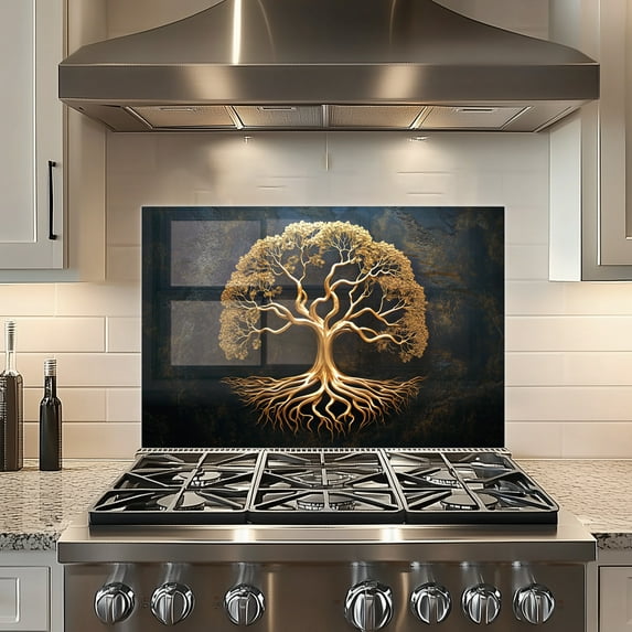 The Golden Tree of Life Glass Backsplash For Kitchen Behind Stove,Stove Back Top Cover,Easy to Clean Glass Splashback, Sink Cover Splash Guard,Home Kitchen Wall Decor