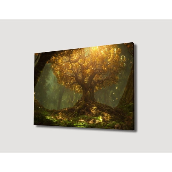 Golden Tree of Life, Mystical Forest Art Print, Glowing Roots Wall Decor, Enchanted Nature Poster, Peaceful Zen Meditation Gift, Size 16x24 UNFFRAMED F03.1.8l1670
