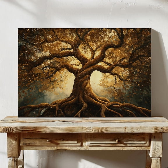Golden Tree Of Life Wall Art With Deep Roots And Luminous Leaves For Inspirational And Elegant Nature Décor Wall Art, Modern Wall Decor, 8x12 UNFRAMED