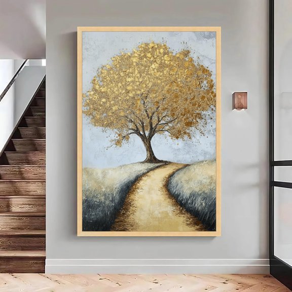 Golden Tree, Print Landscape Printing, Autumn Tree Pathway, Nature - Large, Oversized Poster, Poster Only