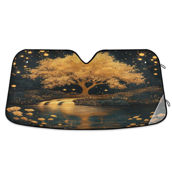 Golden Tree on River Bank Car Windshield Sun Shade Foldable Car Front Window Visor Heat and UV Protection 53x23.5