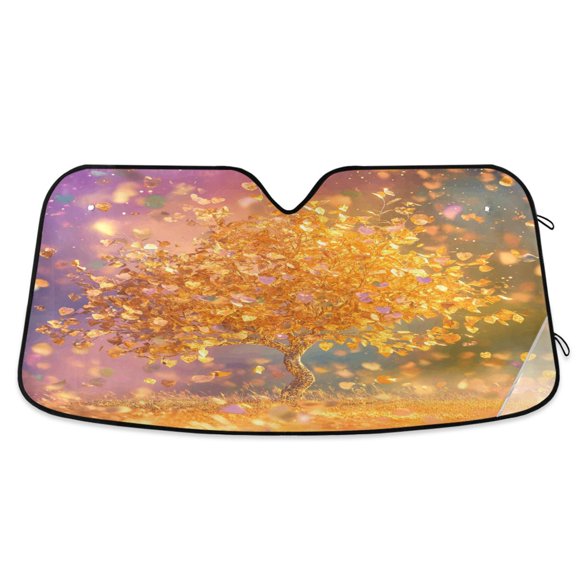Golden Tree with Leaves Falling Car Windshield Sun Shade Foldable Car Front Window Visor Heat and UV Protection 53x23.5