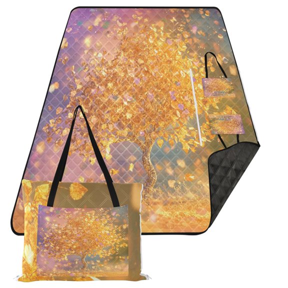 Golden Tree with Leaves Falling Extra Large Picnic Beach Blanket Waterproof Sand Proof Portable Outdoor Mat 80x118