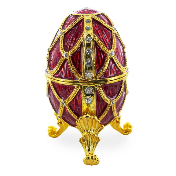 Golden Trellis Crimson Enamel Royal Inspired Imperial Metal Easter Egg 4 Inches