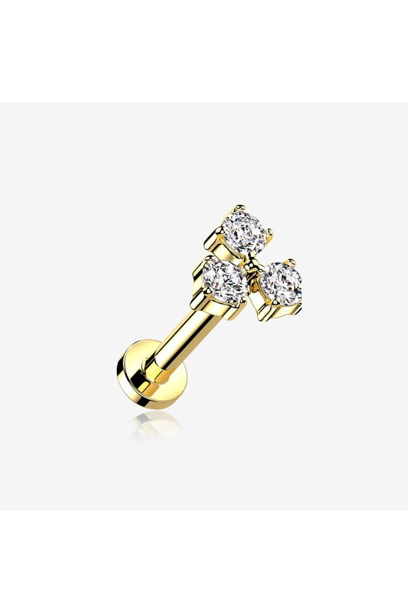 Golden Trinity Sparkle Prong Set Top Internally Threaded Steel Flat Back Stud Labret
