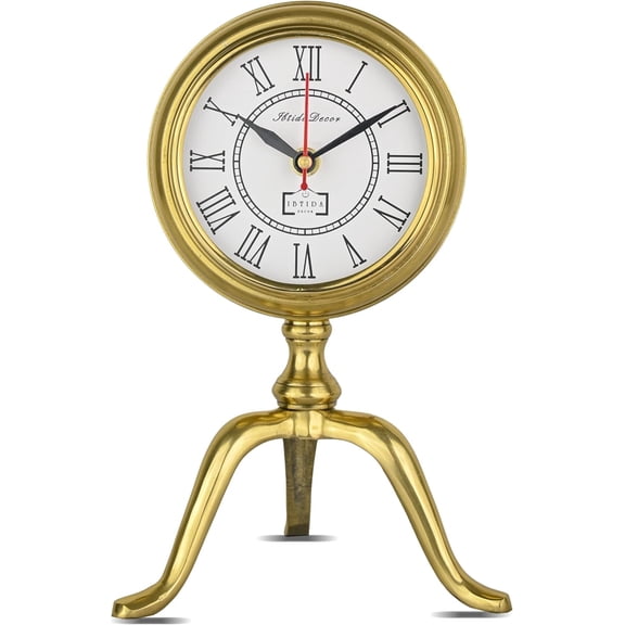 Golden Tripod Table Clock – Vintage Roman Numerals Desk Clock | Silent Quartz Movement | Luxury Decorative Metal Table Clock for Home & Office (Large)