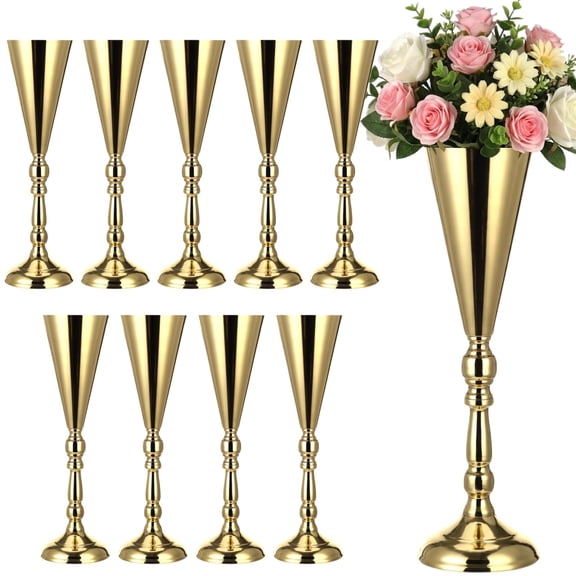 Golden Trumpet Pedestal Vases Set Of 10 Standard Finish Metal Tabletop