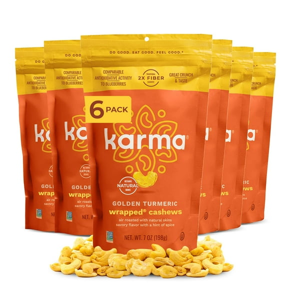 Golden Turmeric Wrapped Whole Cashews By Karma Nuts, Air Roasted With Natural Skins, 2X More Fiber, Whole 30, Peanut-Free Facility, Kosher, Everyday Nut Snack, 7Oz Resealable Bag - 6 Pack