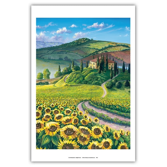 Golden Tuscana (Tuscany) - Italy - Sunflower Field - From an Original Color Painting by Scott Westmoreland - Master Art Print (Unframed) 12in x 18in